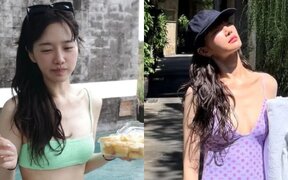 Park Gyu Young shows off her zero makeup face and mint bikini look during poolside vacation