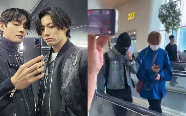 BTS’s Jungkook and V warm fans’ hearts after sharing earphones at Incheon Airport before leaving for Madrid