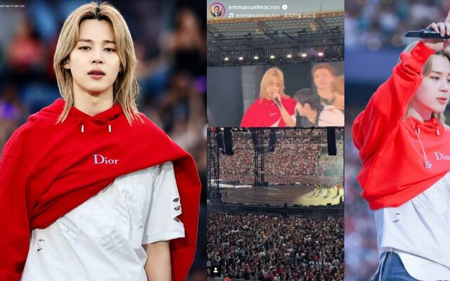 Jimin’s red Dior hoodie becomes a major talking point after the French president shares his BTS performance