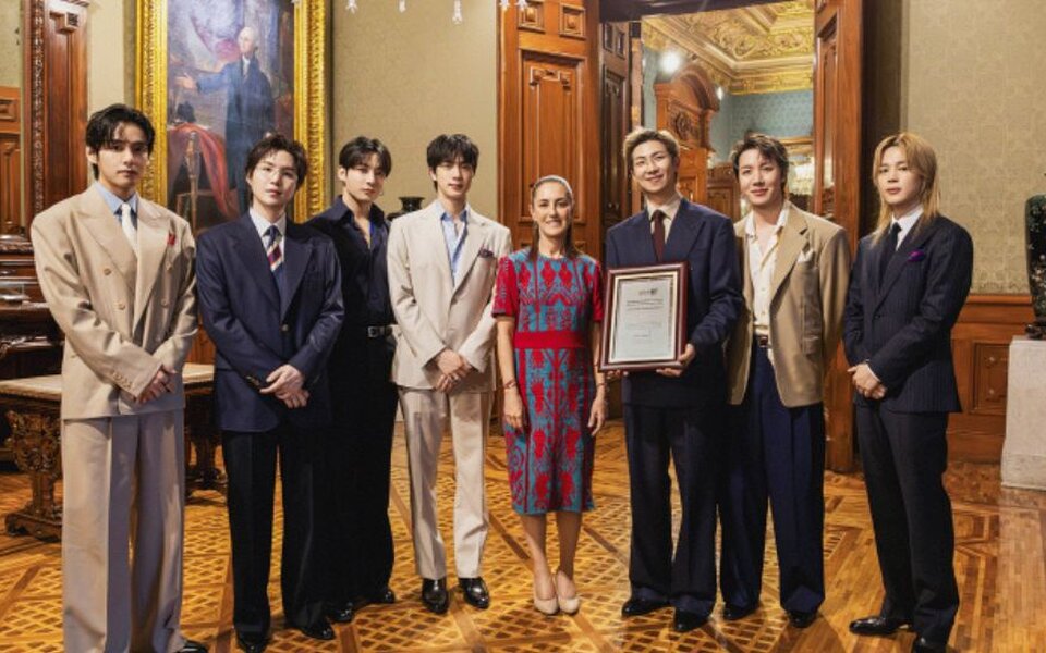 Image for BTS receives a warm welcome from Mexico’s president as 50,000 fans gather at Zocalo Square to cheer for the group