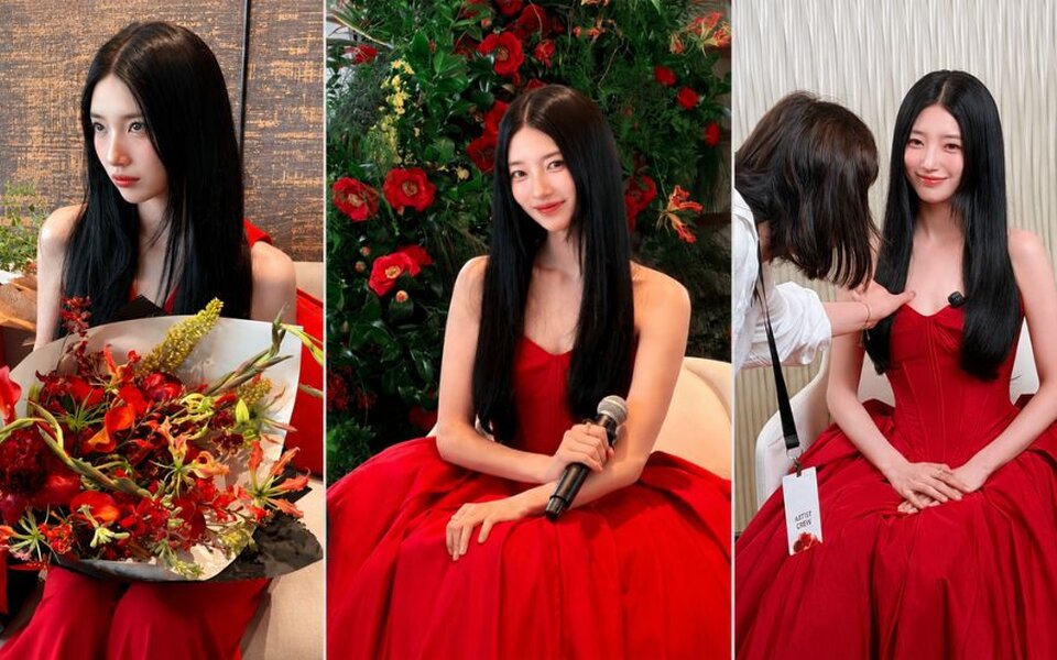 Suzy surprises fans with a slimmer look as her red dress and Japanese princess inspired styling create a dramatic new mood